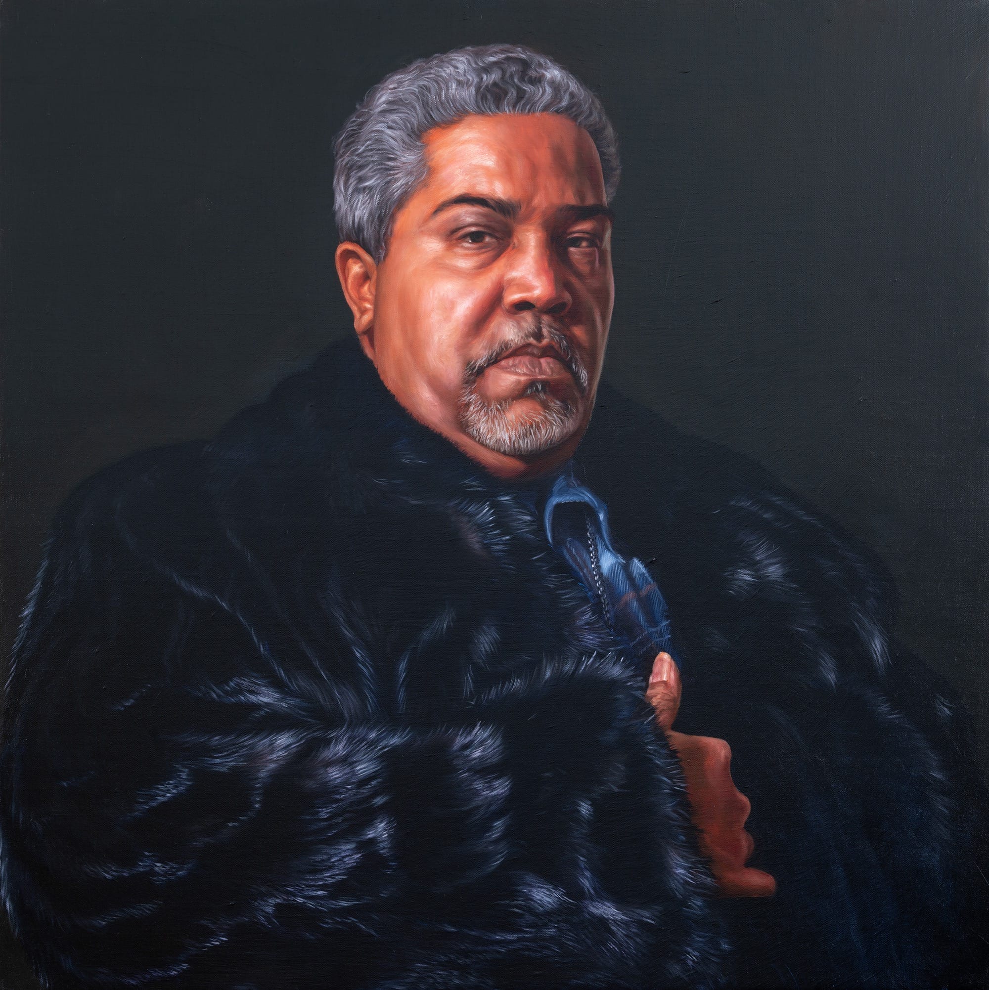 an oil portrait of a Black man with gray hair, wearing a black fur coat and seated in front of a black background