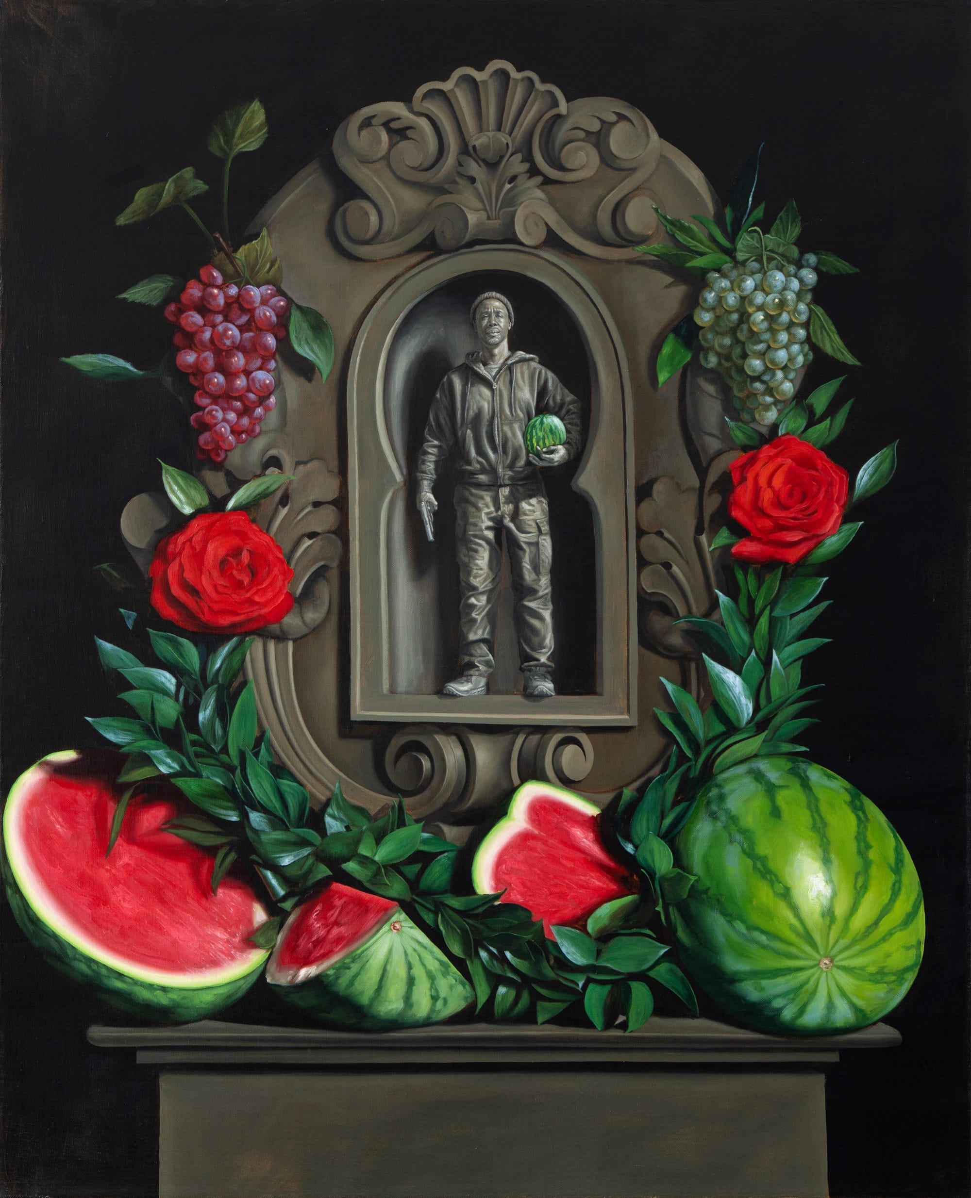 an oil painting of a stone relief sculpture of a Black man surrounded by watermelons and red flowers