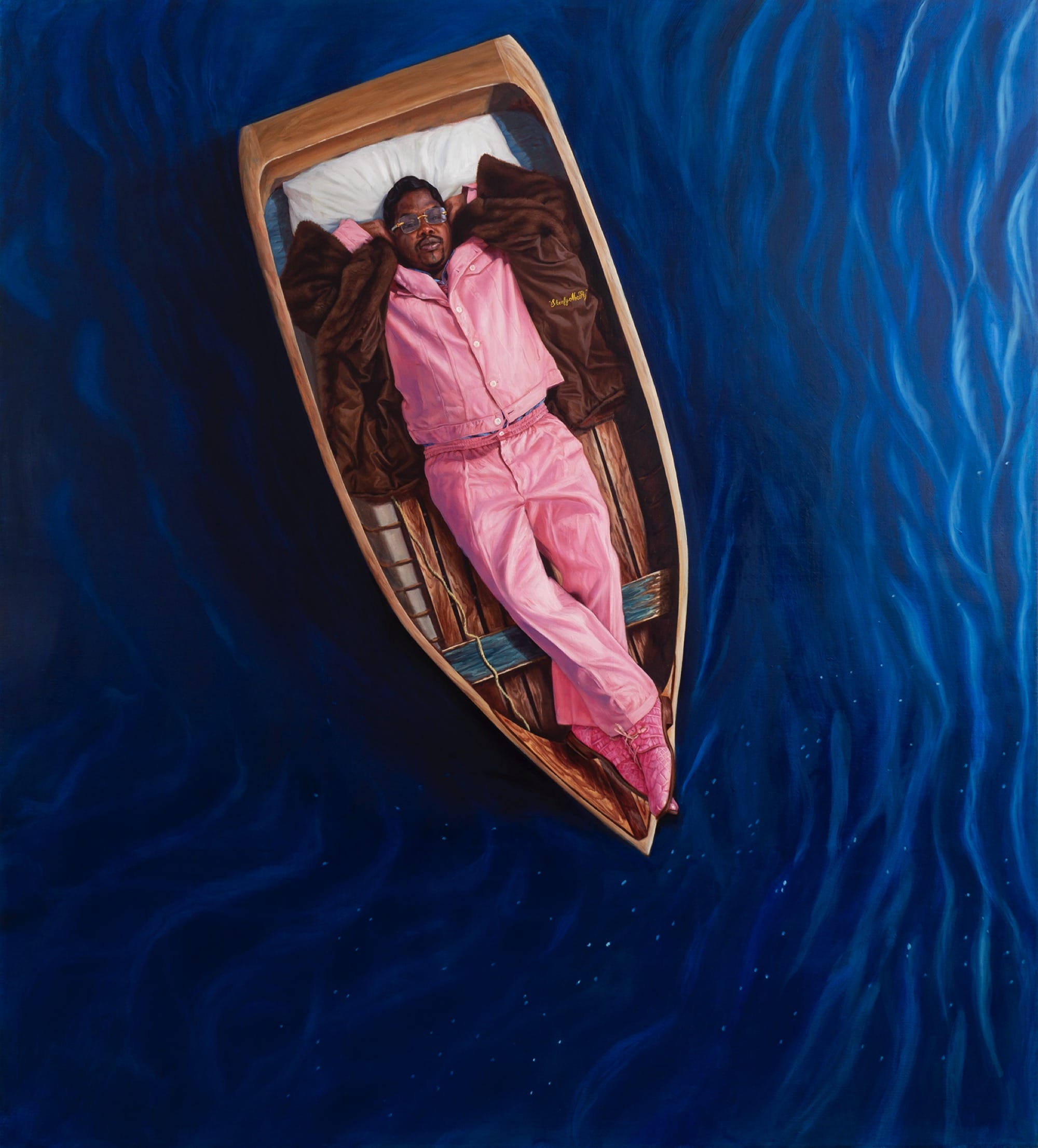 an oil painting of an aerial view of a man in a pink suit and fur coat relaxing in a row boat on open water