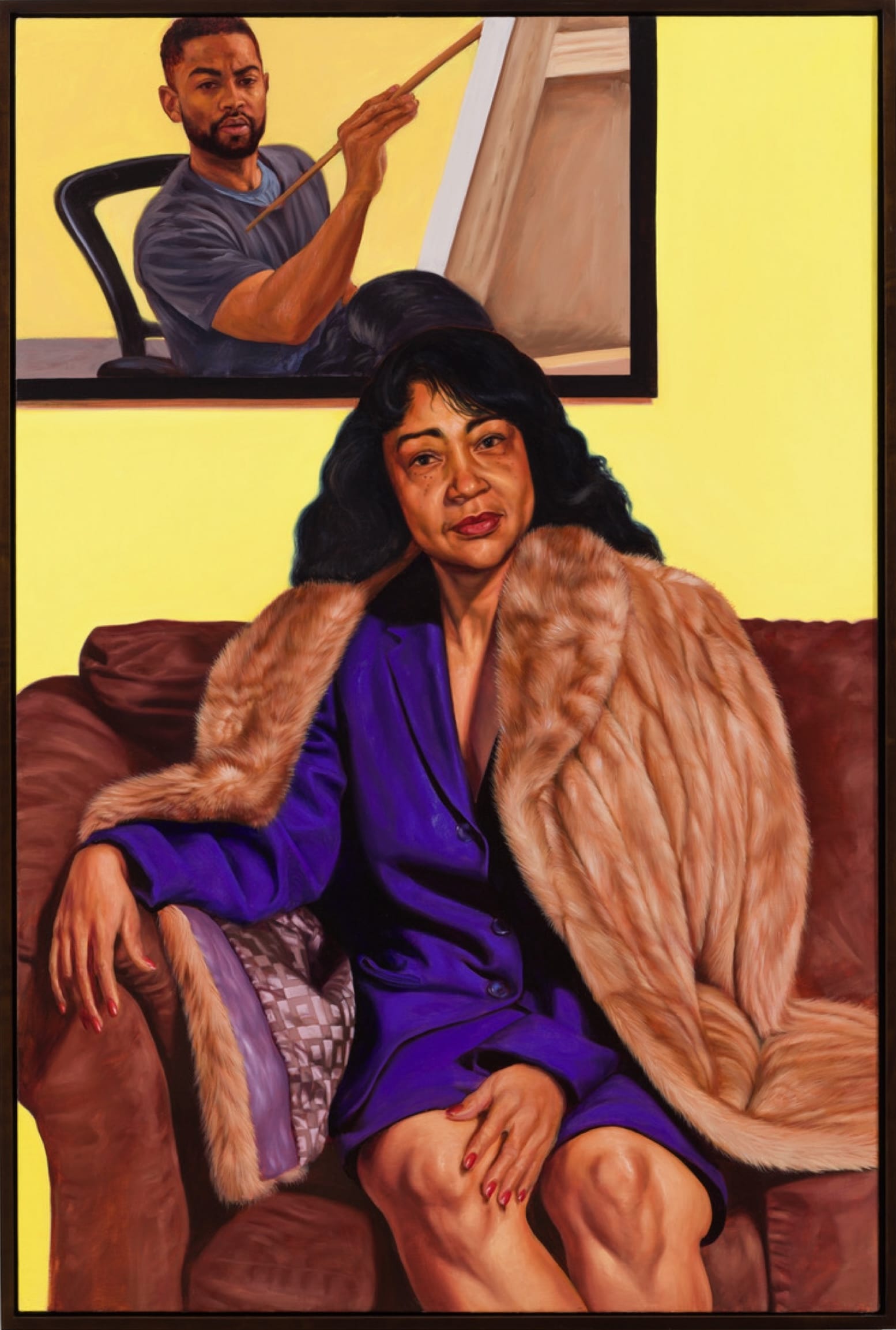 a Black woman in a fur coat and purple dress sits on a couch in front of a mirror showing a self-portrait of the artist working on her painting