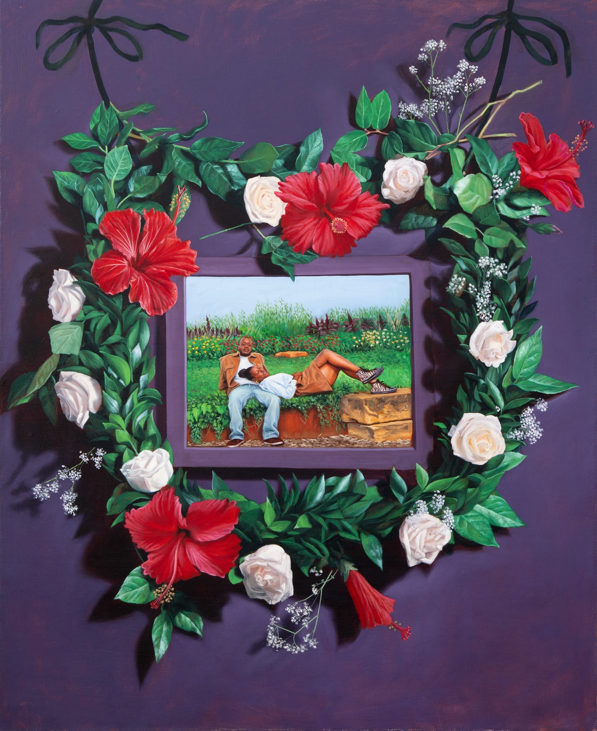 an oil painting of a portrait of two Black figures outdoors, surrounded by a floral garland