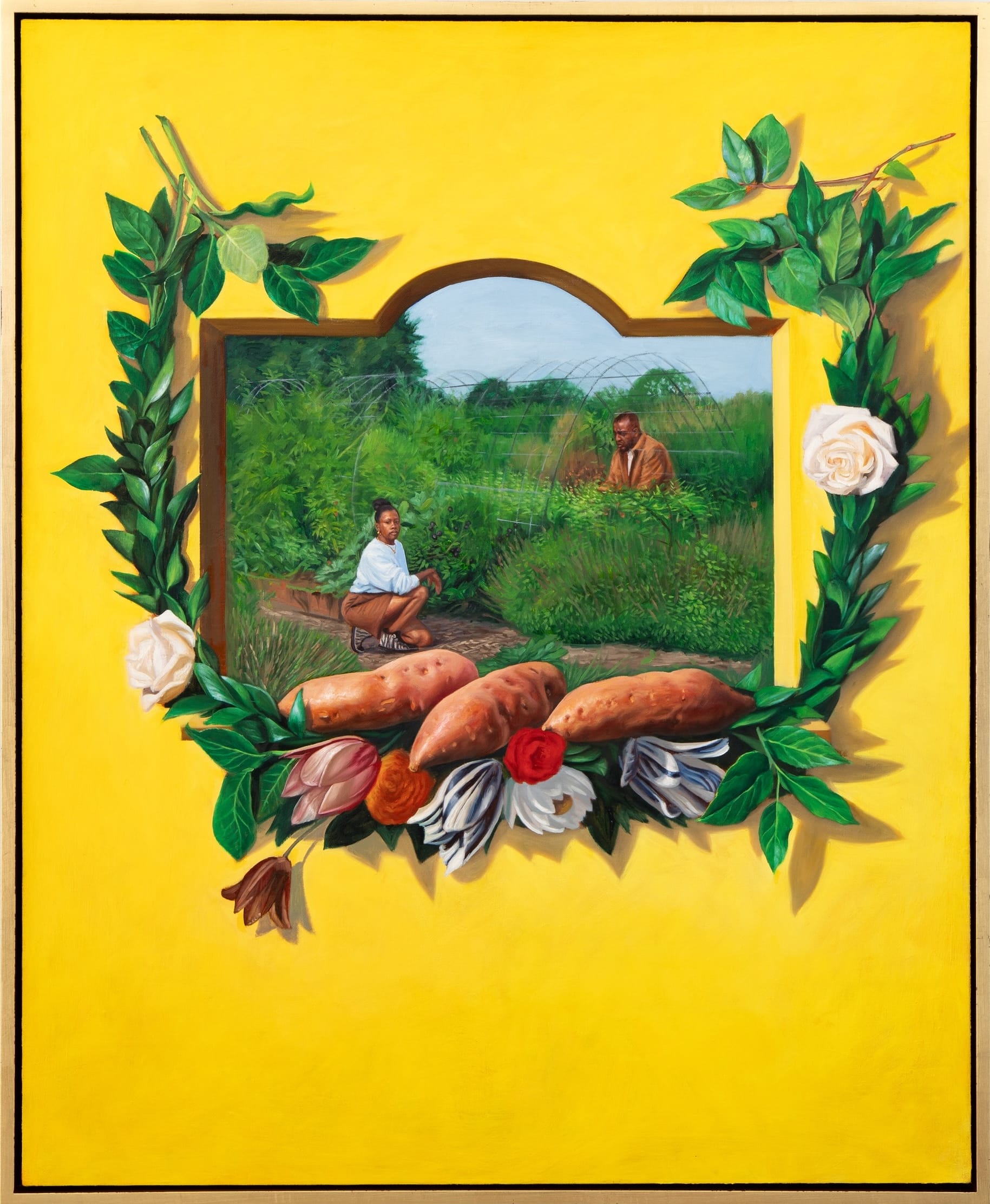 a yellow oil painting with a niche in the center depicting Black people farming, surrounded by a garland