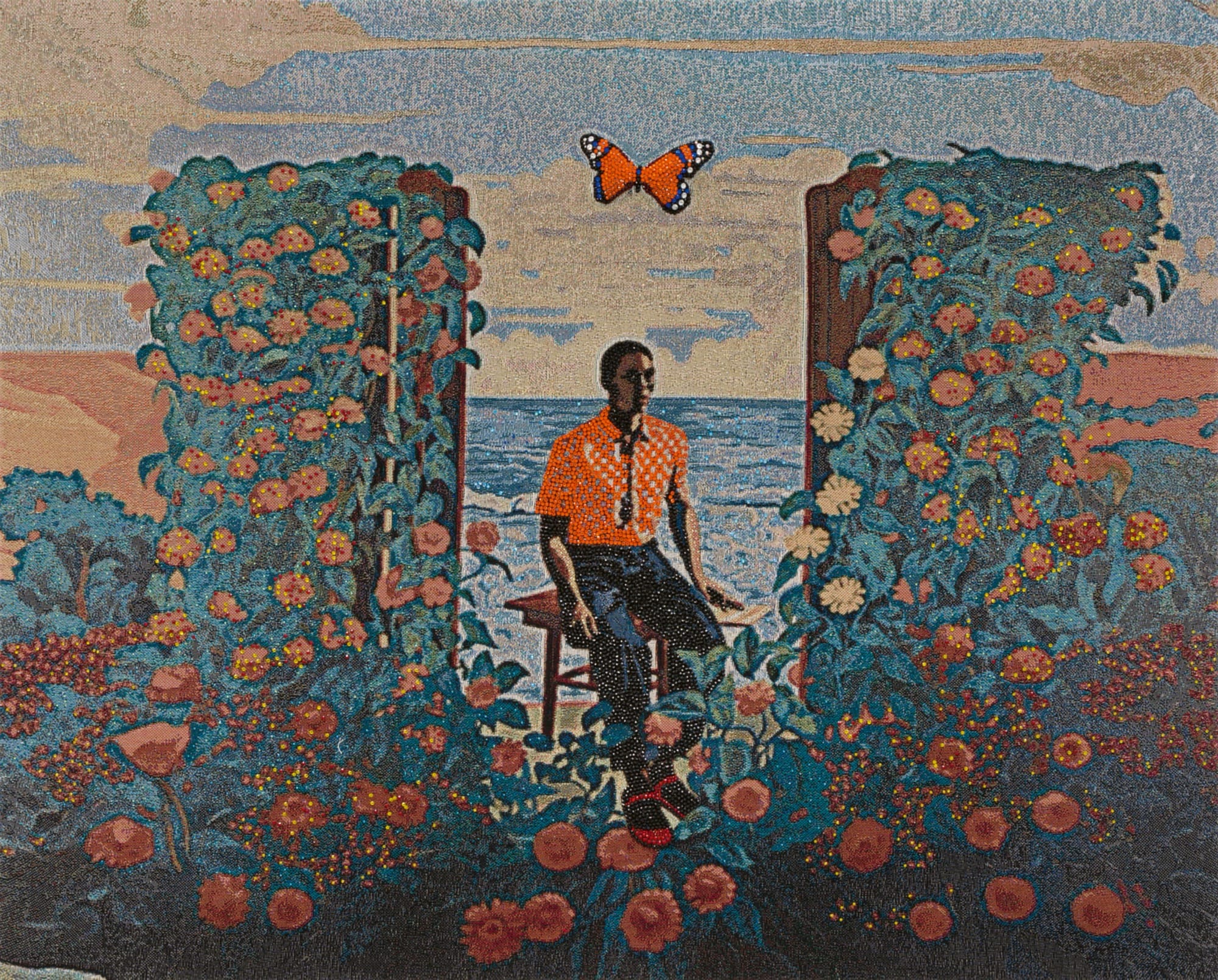 a digital woven image of a Black figure seated between floral columns in a landscape, with a butterfly above