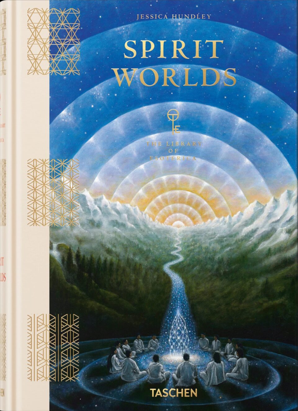 the cover of the book 'Spirit Worlds' featuring a landscape painting with a sunset