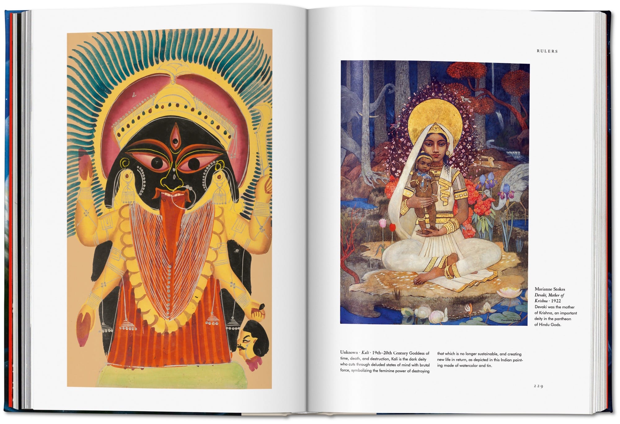 a spread from the book 'Spirit Worlds' featuring Asian artworks depicting deities