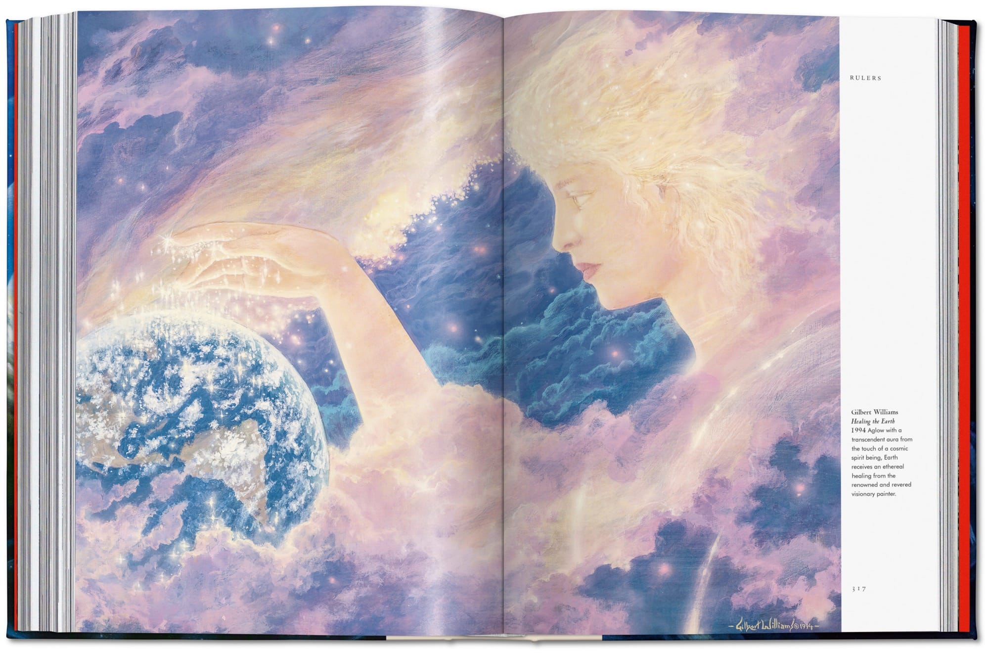 a spread from the book 'Spirit Worlds' featuring a stylistic painting of a figure in the sky