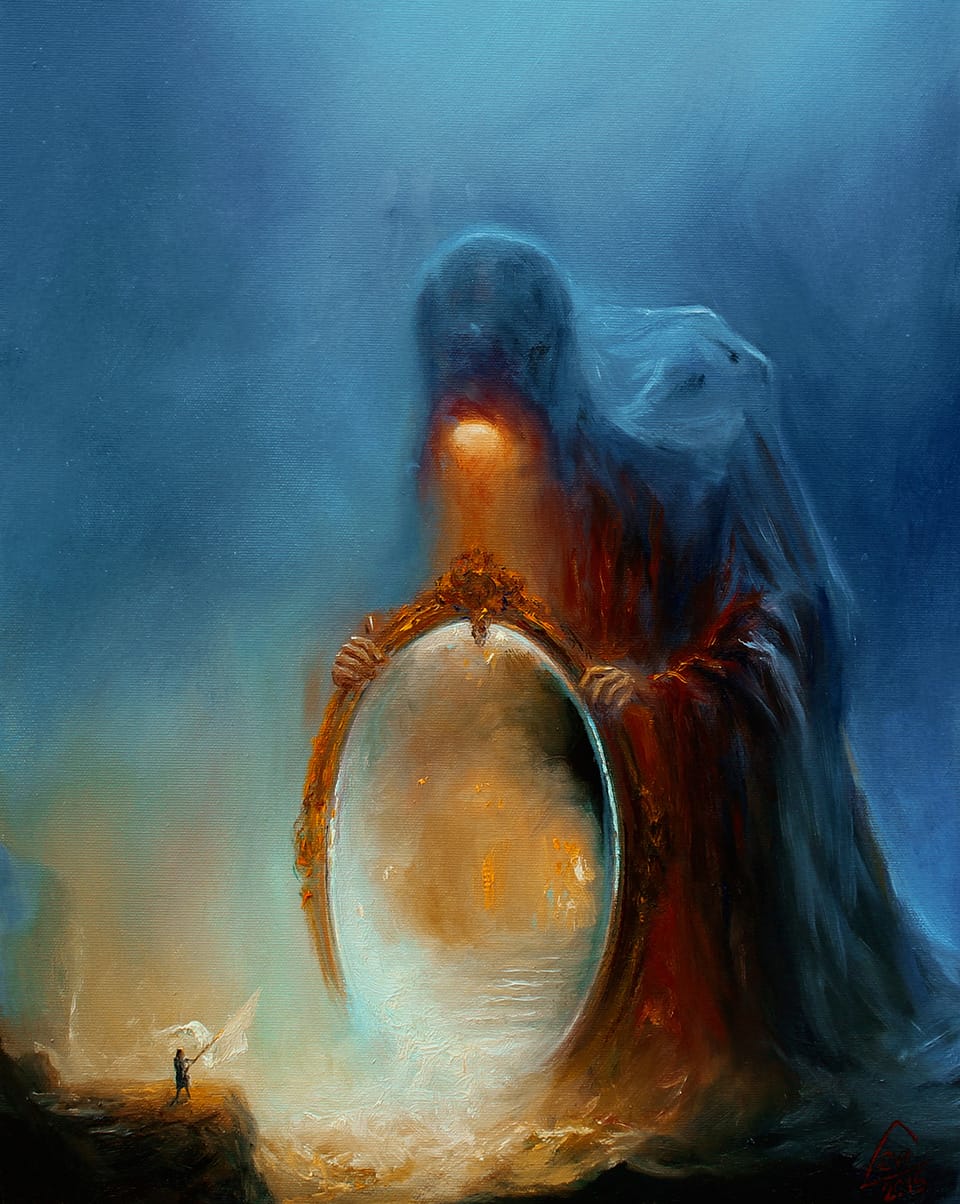 an eerie painting by Mariusz Lewandowski of a glowing creature holding a mirror up to a tiny figure