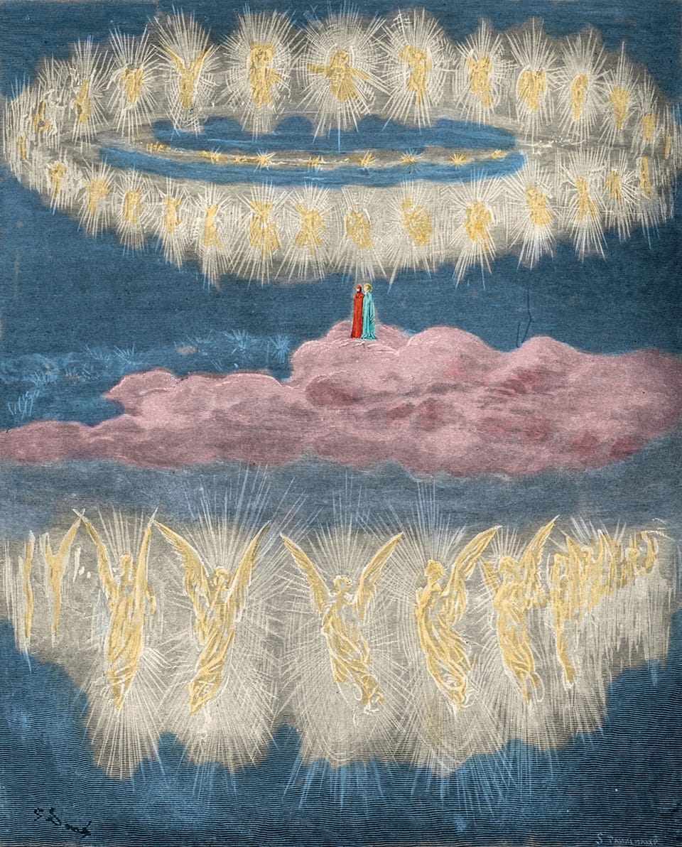 a colorized engraving of a Gustave Doré work showing numerous angels in a glowing circle in the sky