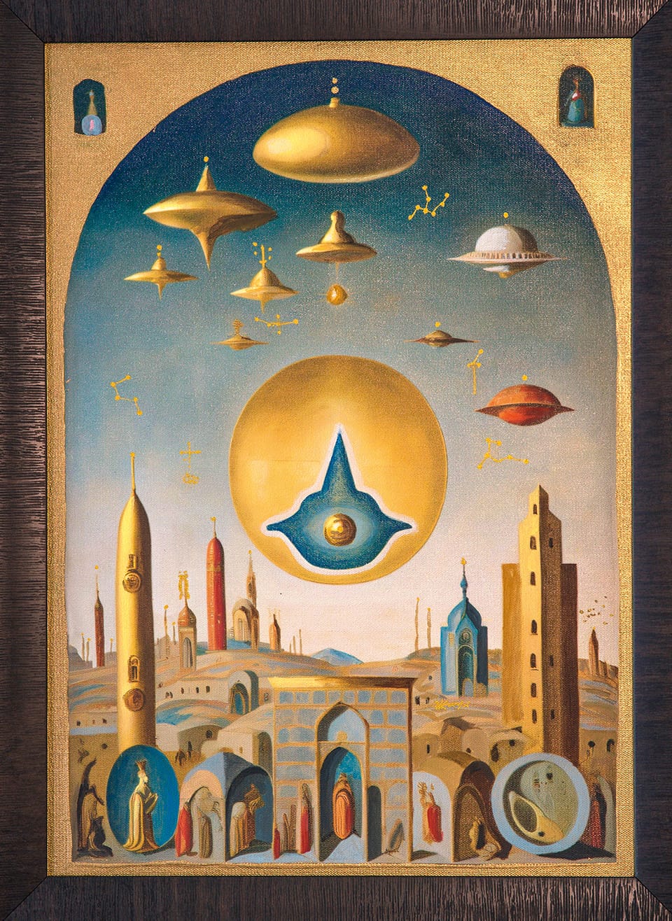 a historic painting of amorphous objects in a Renaissance setting that resemble UFOs or abstract shapes