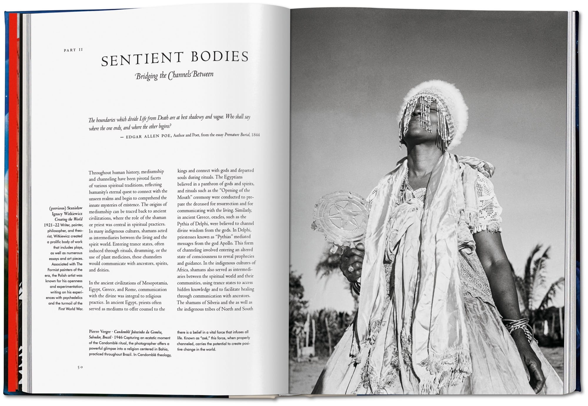 a spread from the book 'Spirit Worlds' featuring a black-and-white photo of a Black woman dancing and wearing elaborate beaded garments